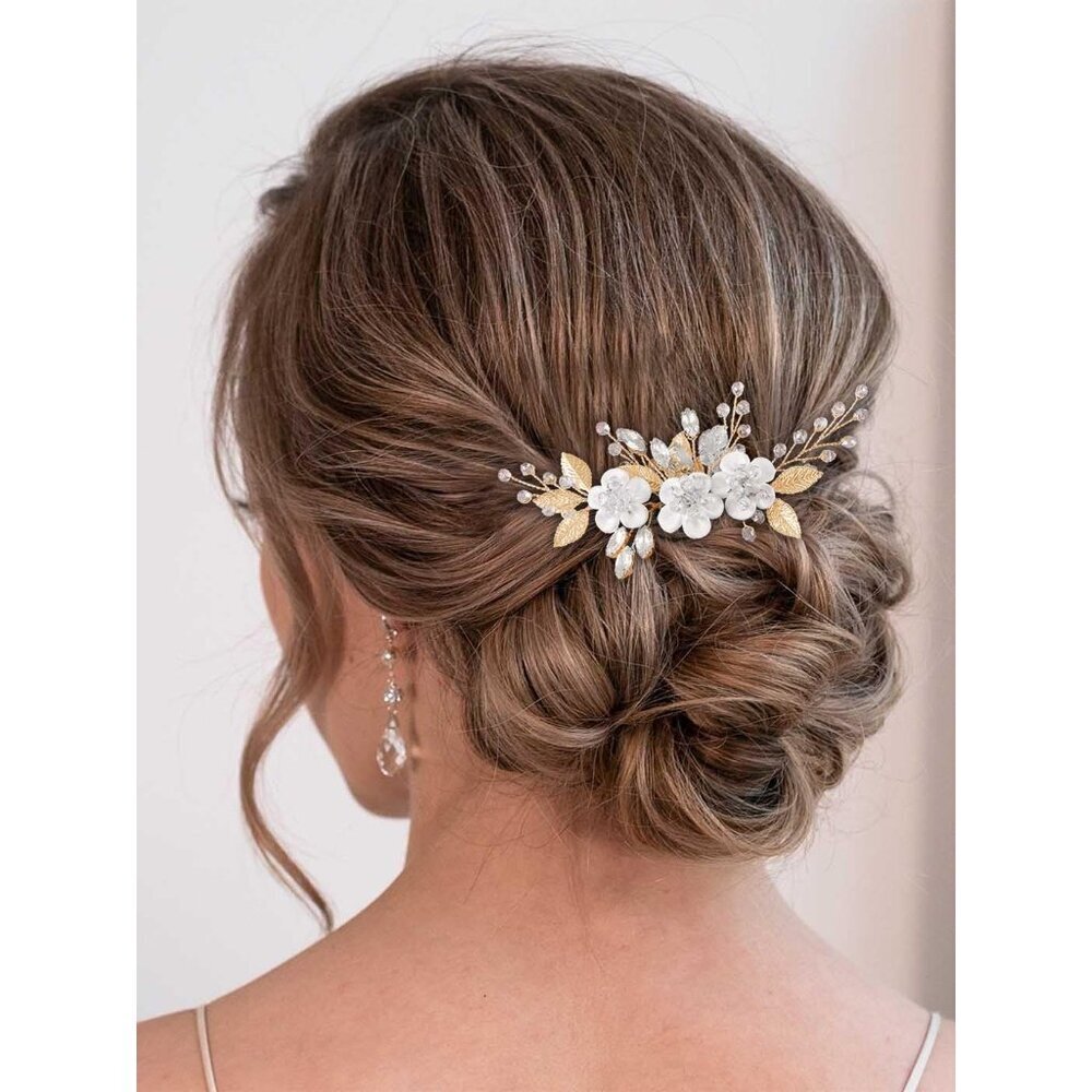 Flower Bridal Hair Comb Gold Wedding Clip Rhinestones for Women